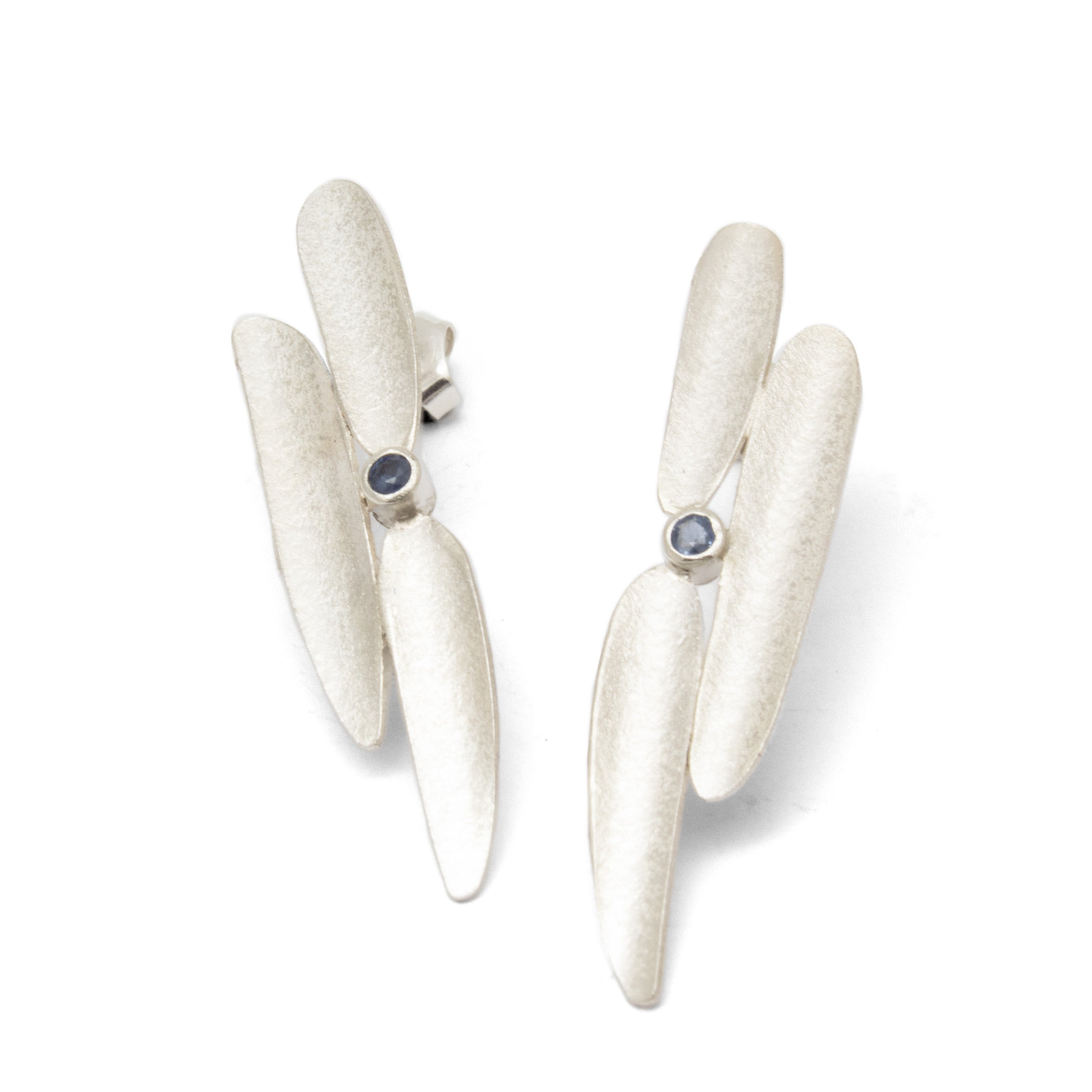 Lustre long stud silver earrings with sapphires