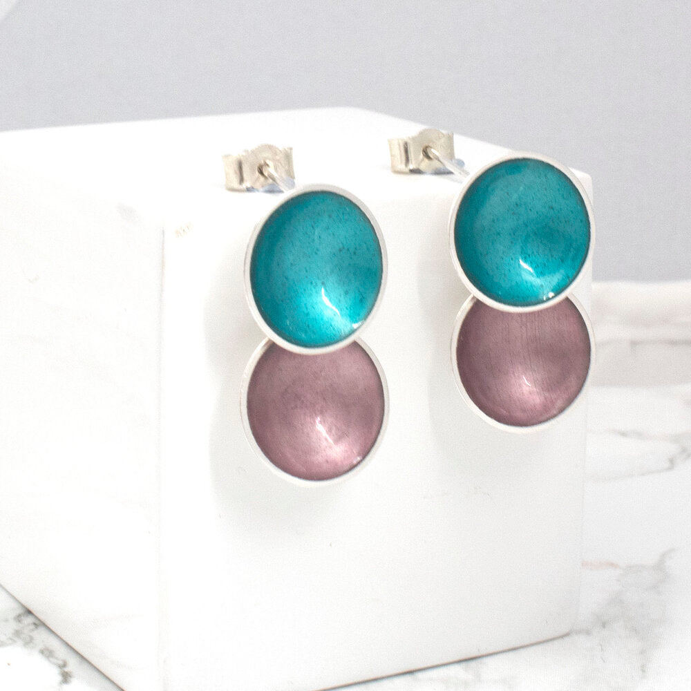 Halo Silver and Enamel Double Drop Earrings (multiple colour options)
