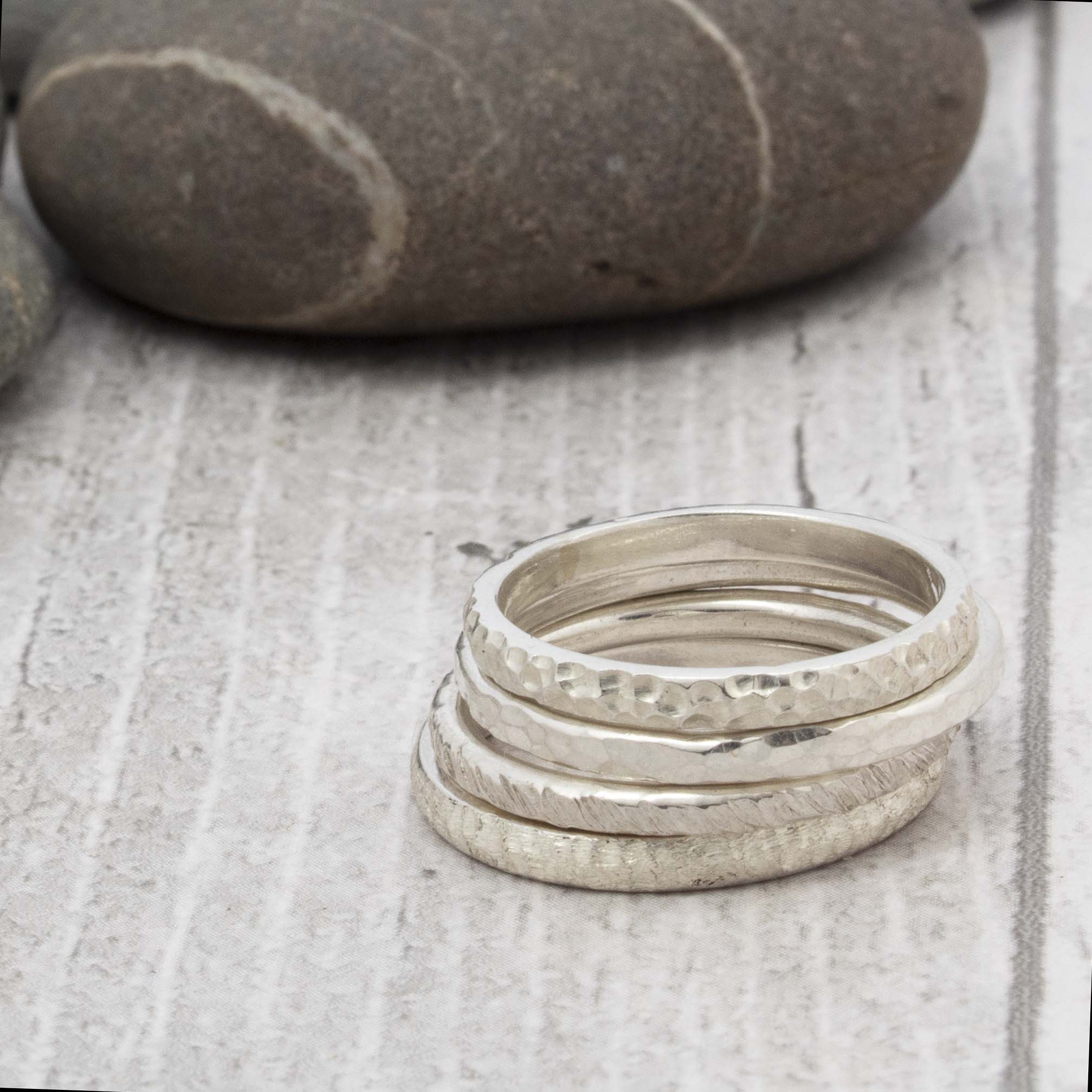 Textured stacking silver band rings